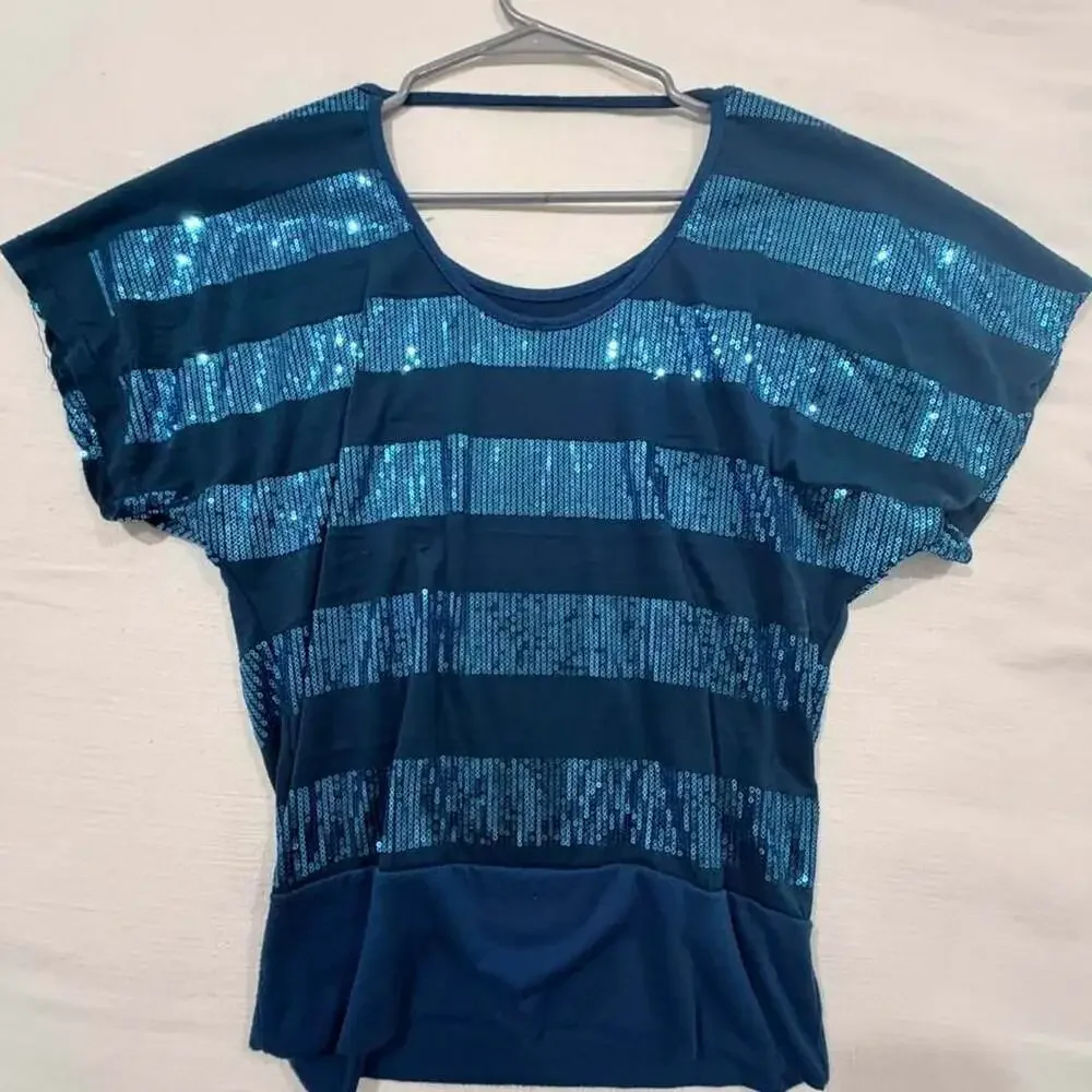 Unbranded Blue Sequin Striped Top Blouse Style MT1195C